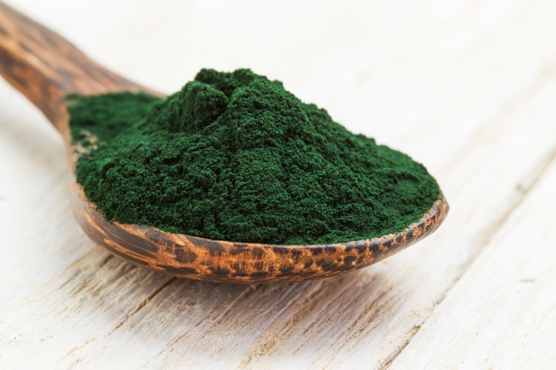 Closeup of an organic spirulina algae powder in a wooden spoon